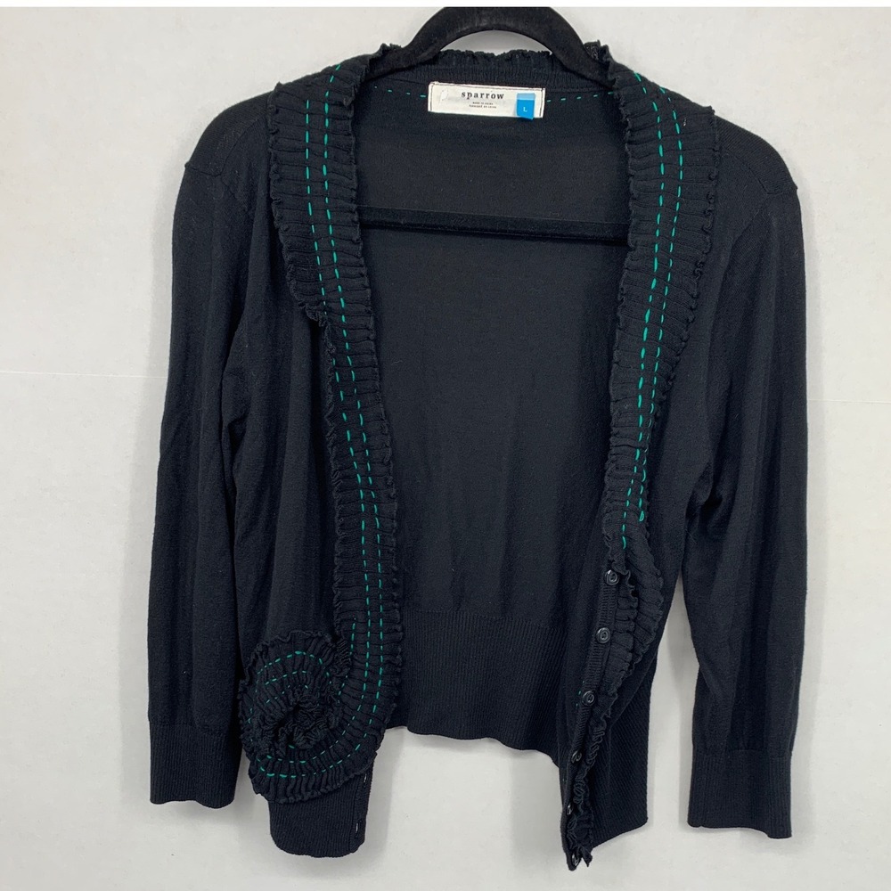 Sparrow Anthropologie Black Ruffle Trim Lightweight Cardigan Large